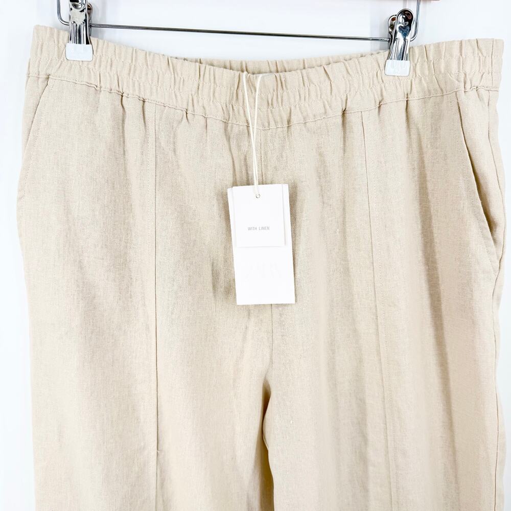 Zara Linen Blend Pull On Cropped Pants Oatmeal Beige Elastic Waist Large NWT - Picture 3 of 11